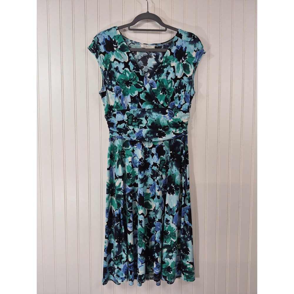 Womens Floral Faux Wrap Midi Dress Blue Green Sleeveless Size 10 Colorful